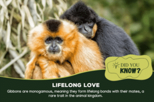 Two gibbons hugging each other with a description about monogamy. 